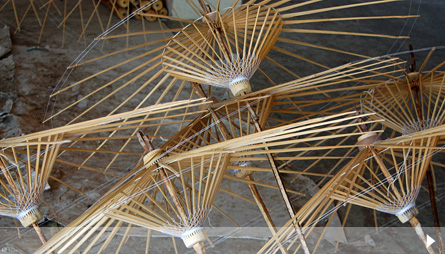Umbrella frames at a small umbrella factory in Chiang Mai. Photo by Flickr user Distra.